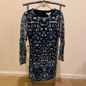 Reiss Black and Blue Patterned Long Sleeve Dress
